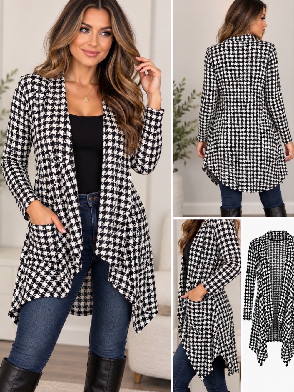 Joseph A. Houndstooth Long Cardigan Women’s L Black White Open Front Pockets